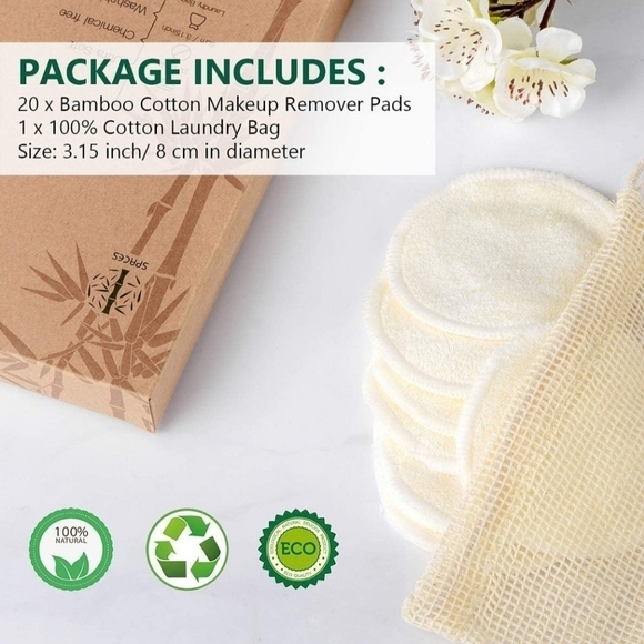 20 Packs Organic Reusable Makeup Remover Pads, Washable Eco-Friendly Natural Bam - Picture 2 of 6